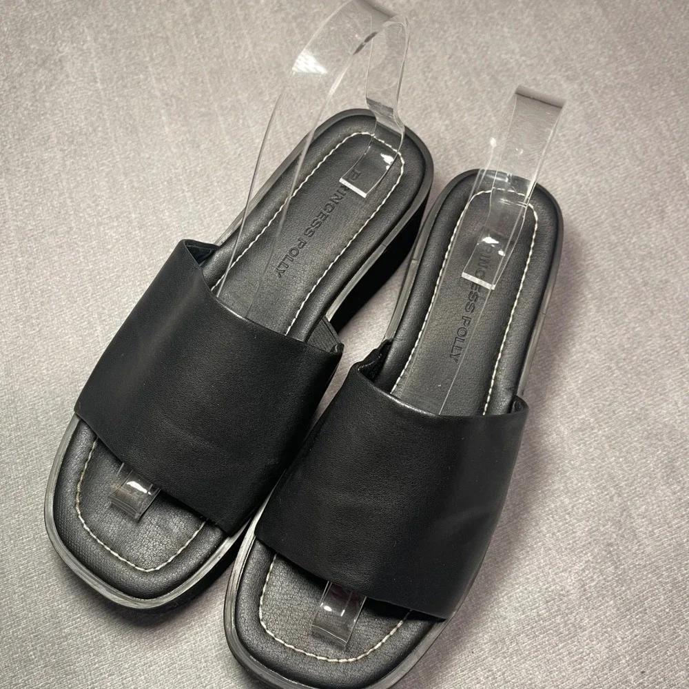 Princess‎ Polly Black Faux Leather Platform Slide Sandals Y2K Chunky Wedge READ